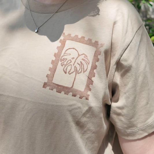 MADE TO ORDER 2-3WK TURNAROUND | Tan 'Keep Growing' Monstera Block Printed Boxy Cropped T-Shirt | Oversized | Hand-Inked | XS-3XL | Soft and Sensory Friendly | UNISEX |
