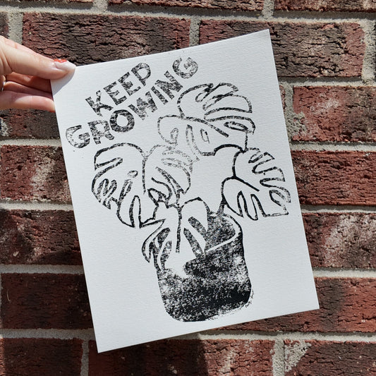 Block-Printed 'Keep Growing' Potted Monstera 8x10 Print