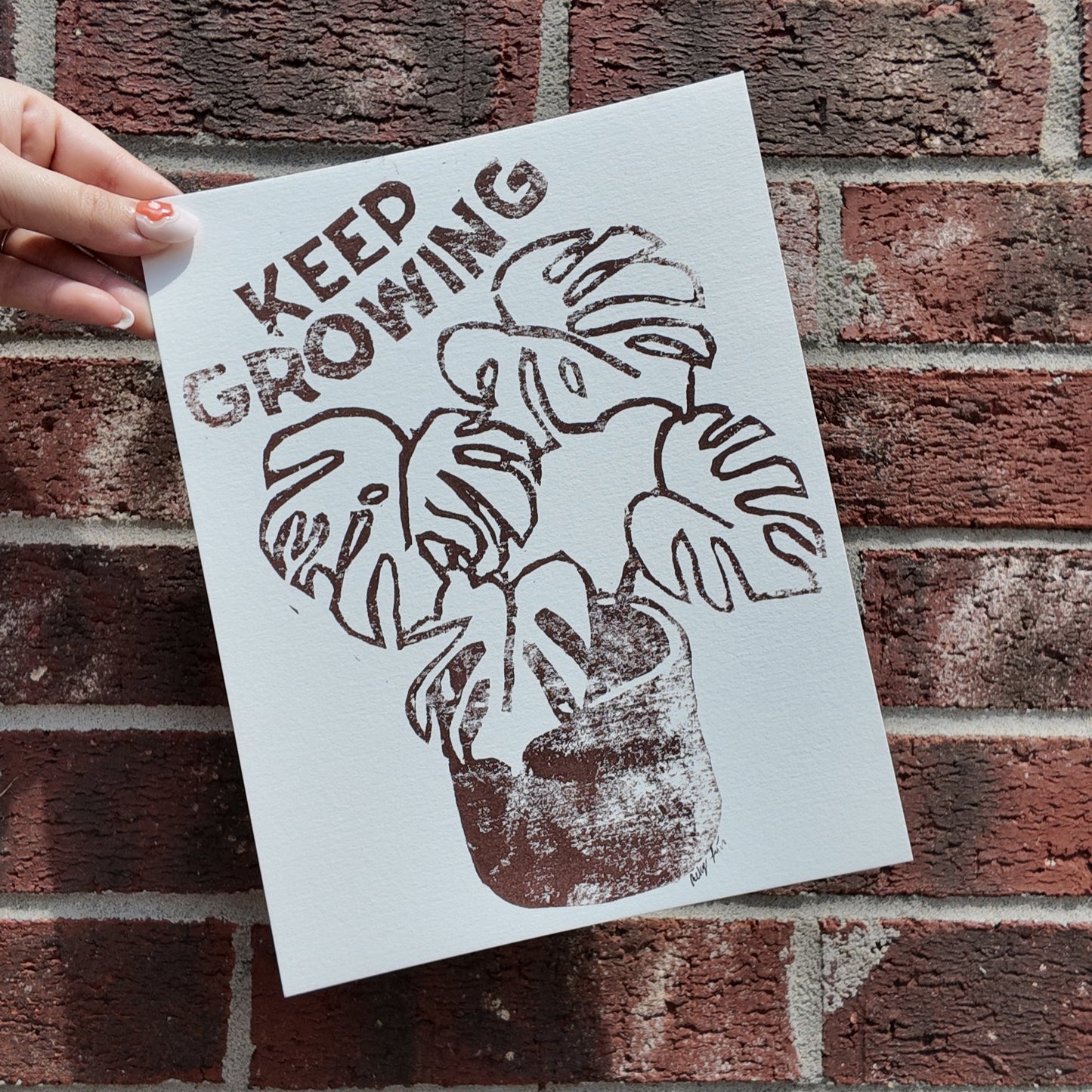 Block-Printed 'Keep Growing' Potted Monstera 8x10 Print