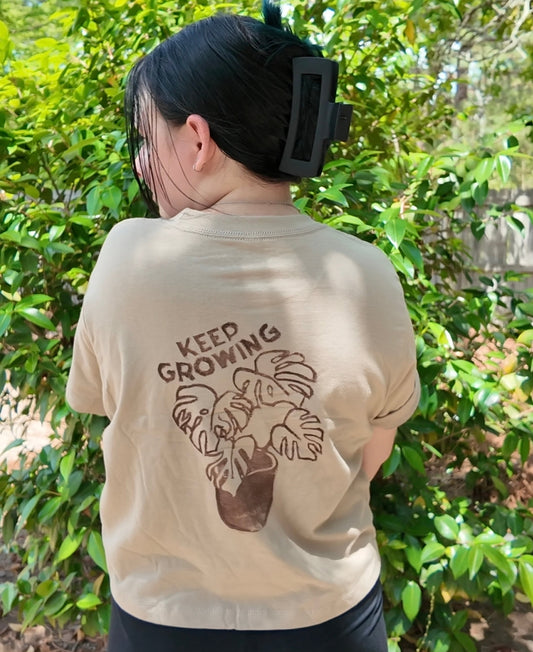 MADE TO ORDER 2-3WK TURNAROUND | Tan 'Keep Growing' Monstera Block Printed Boxy Cropped T-Shirt | Oversized | Hand-Inked | XS-3XL | Soft and Sensory Friendly | UNISEX |