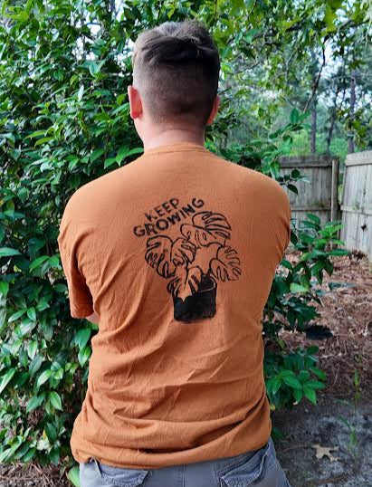 MADE TO ORDER 2-3WK TURNAROUND | Burnt Orange 'Keep Growing' Monstera Block Printed Baggy T-Shirt | Oversized | Hand-Inked | XS-3XL | Soft and Sensory Friendly | UNISEX |