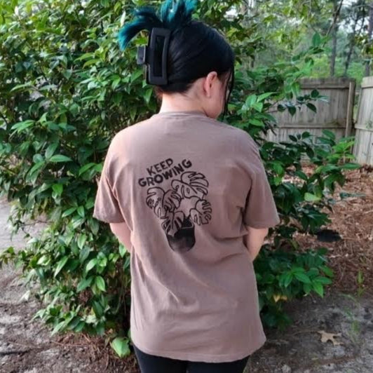 MADE TO ORDER 2-3WK TURNAROUND | Espresso Brown 'Keep Growing' Monstera Block Printed T-Shirt | Hand-Inked | S-4XL | Soft and Sensory Friendly | UNISEX |