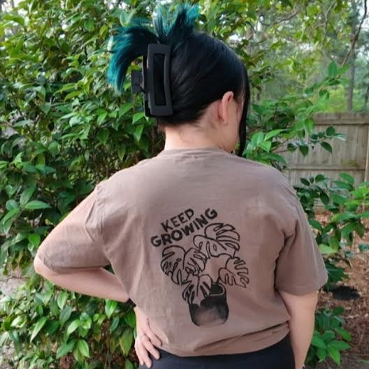 MADE TO ORDER 2-3WK TURNAROUND | Espresso Brown 'Keep Growing' Monstera Block Printed T-Shirt | Hand-Inked | S-4XL | Soft and Sensory Friendly | UNISEX |