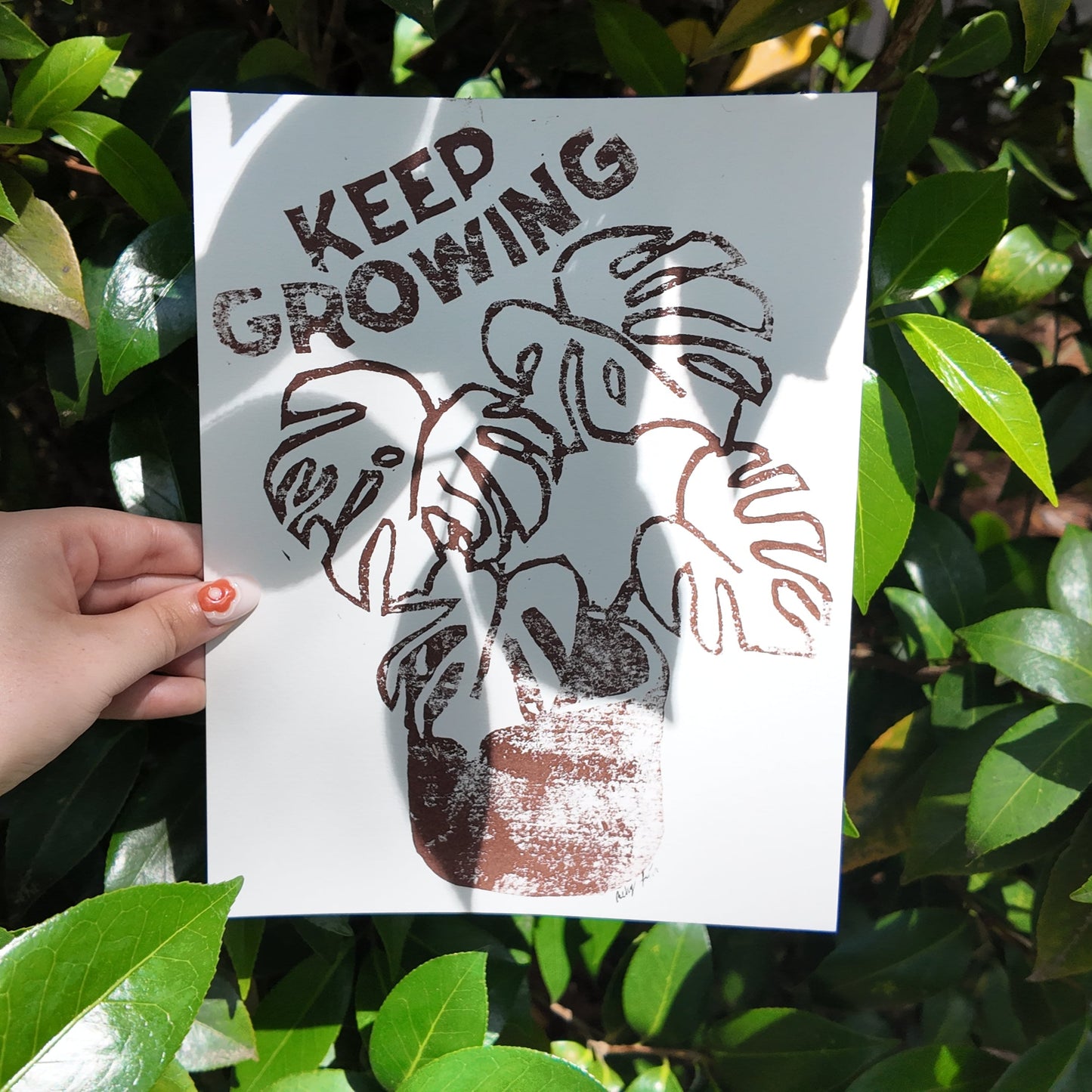 Block-Printed 'Keep Growing' Potted Monstera 8x10 Print