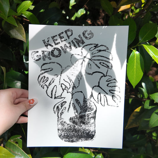 Block-Printed 'Keep Growing' Potted Monstera 8x10 Print