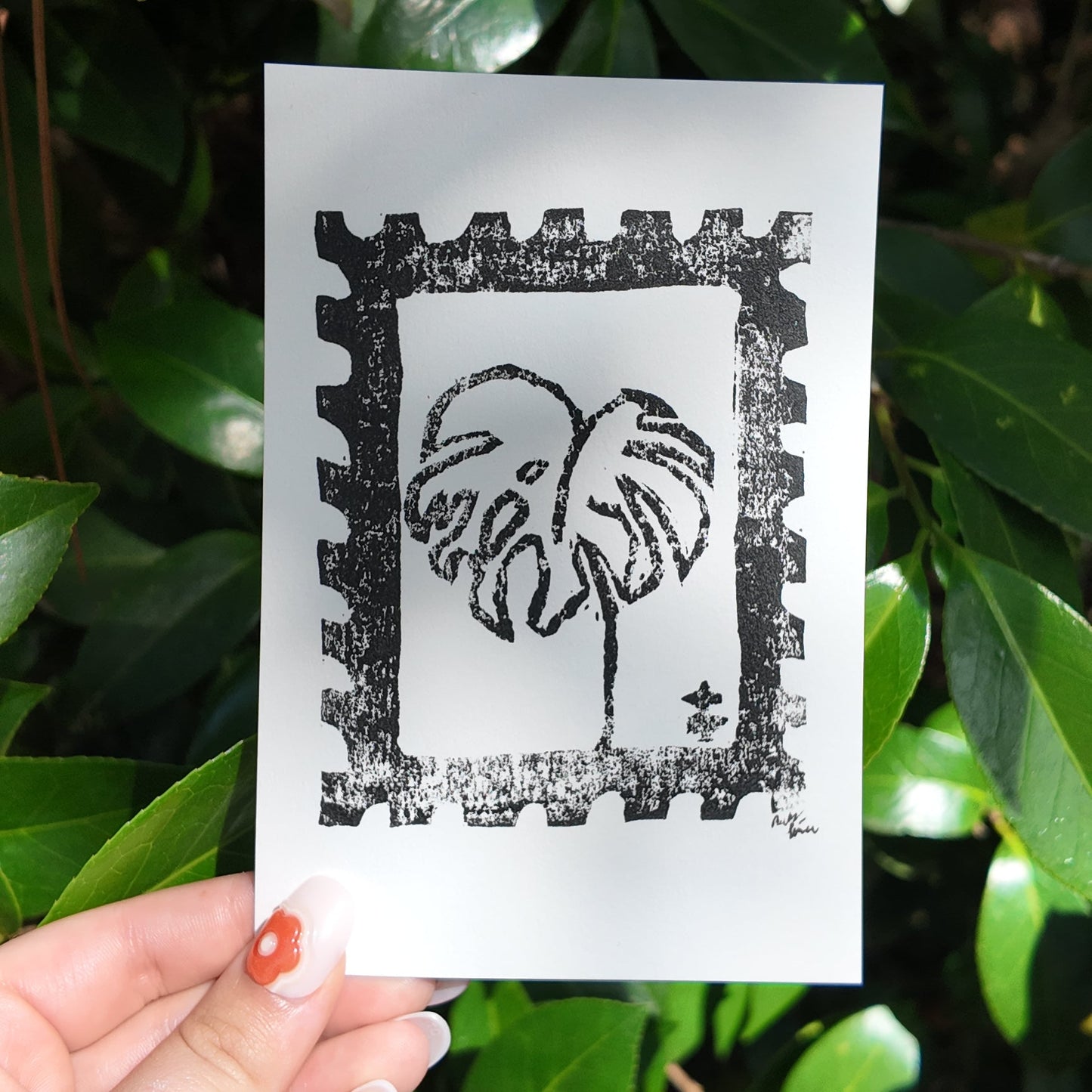 Block-Printed Monstera Stamp 4x6 Print