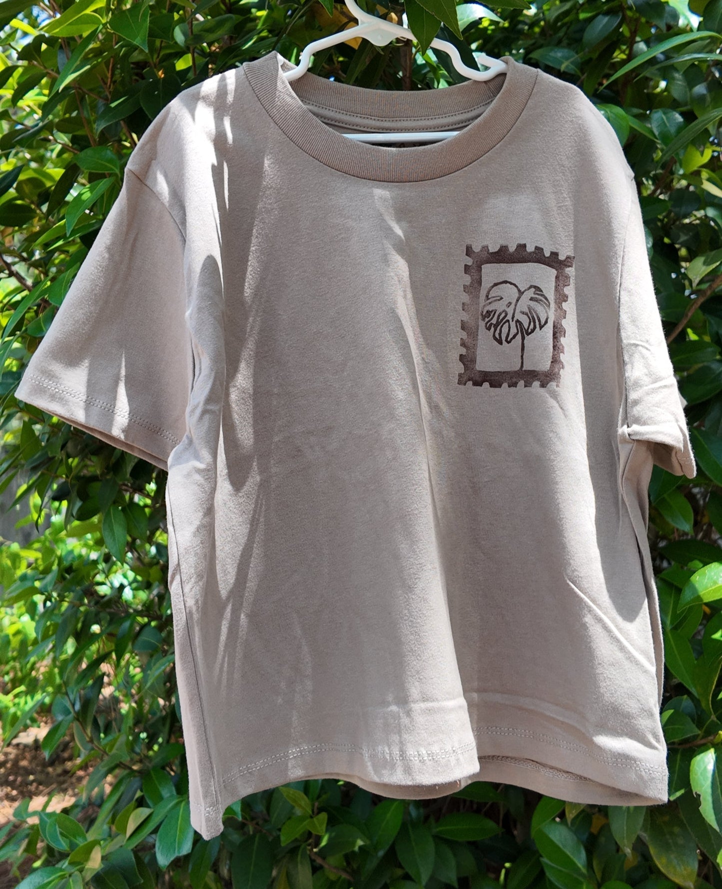 MADE TO ORDER 2-3WK TURNAROUND | Tan 'Keep Growing' Monstera Block Printed Boxy Cropped T-Shirt | Oversized | Hand-Inked | XS-3XL | Soft and Sensory Friendly | UNISEX |